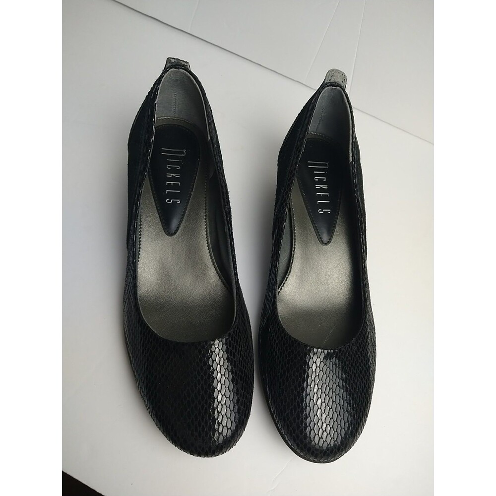 Nickels Woman 7M Reptile Wedge Loafer Black Faux Suede Cougar Pumps